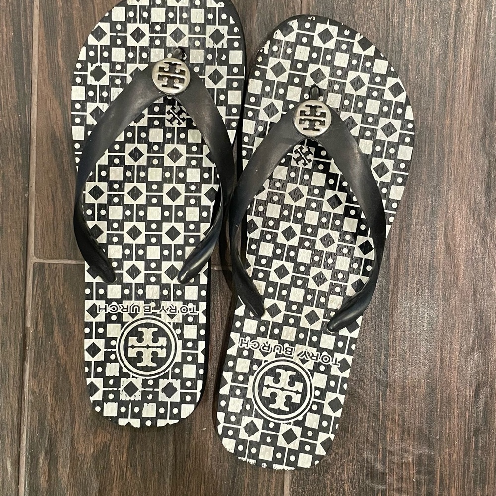 Tory Burch Black and White Flip Flops